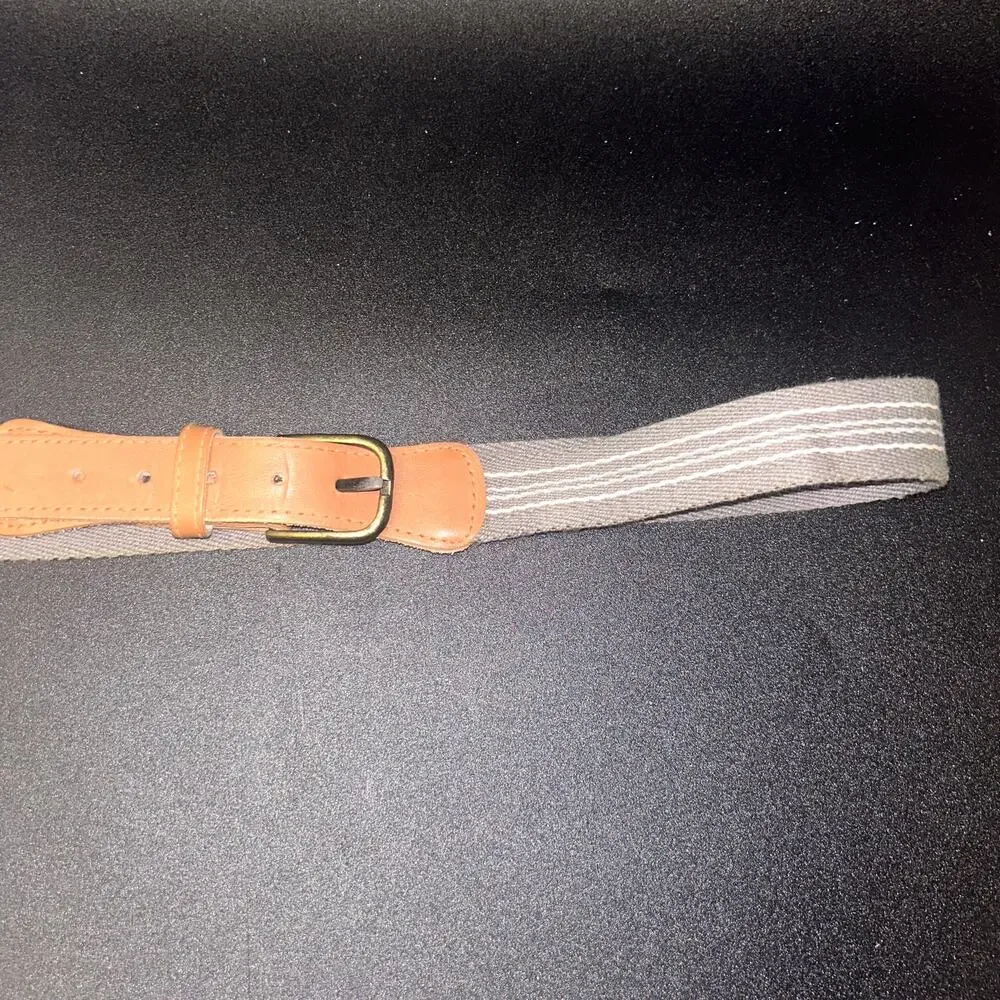 Gray Canvas Brown Genuine Leather Adjustable Belt Men's Size 36